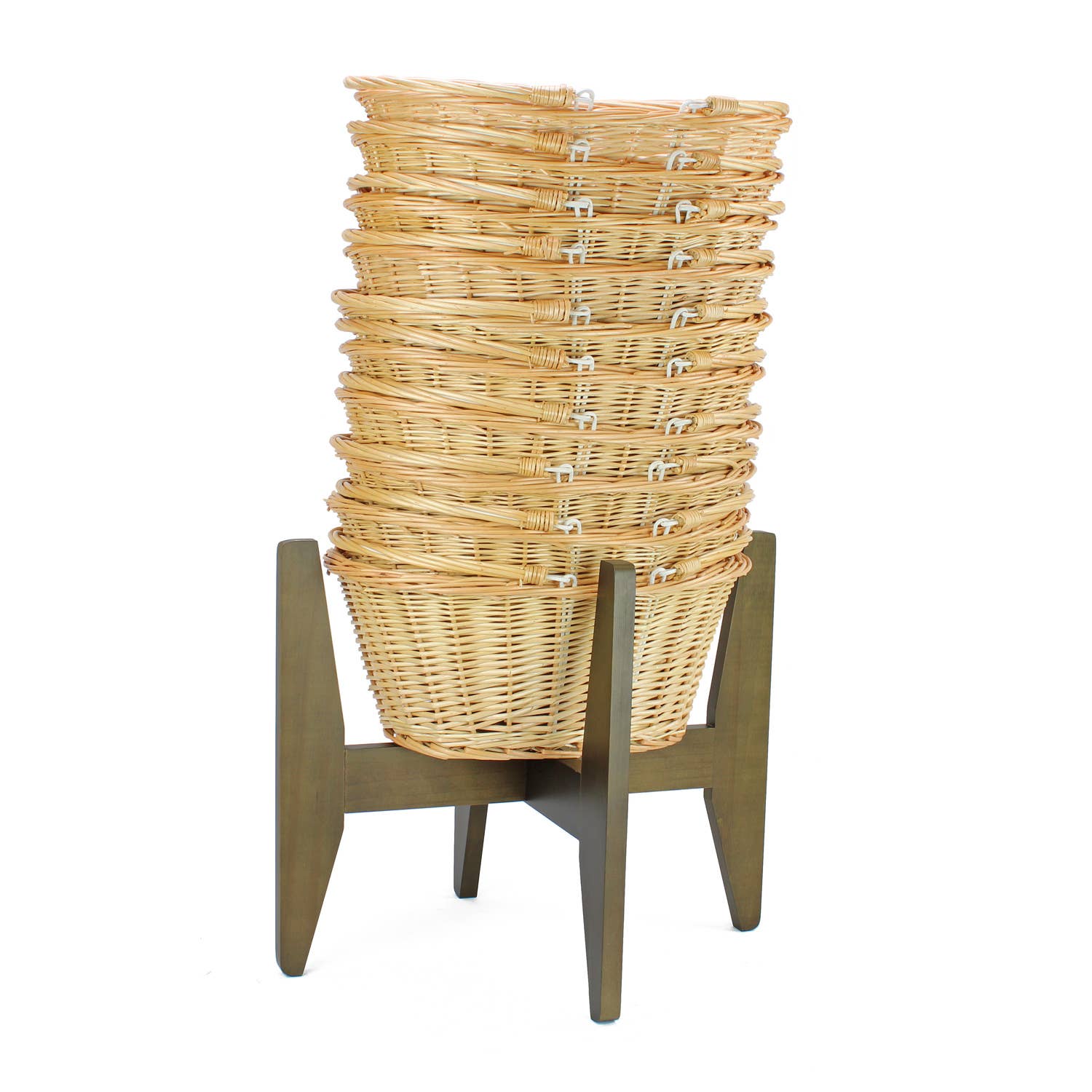 10 x Wicker Shopping Baskets with Wooden Stand Bundle